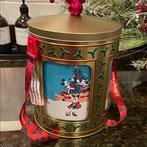 Disney Parks Music Box Popcorn Bucket Festive Holiday Tin - plays jingle bells - Picture 9 of 14
